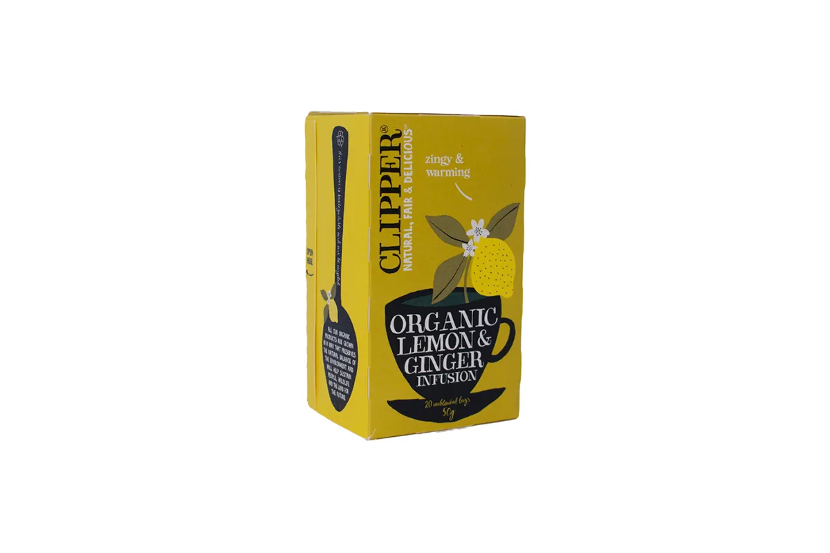 fair trade produkter - Gul æske te med lemon-smag, med siden til.