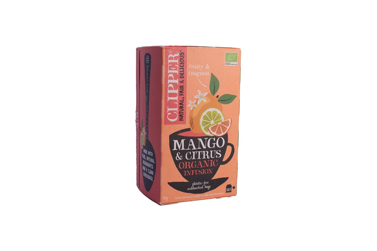 fair trade produkter - Rød æske te med Mango-smag, med siden til.